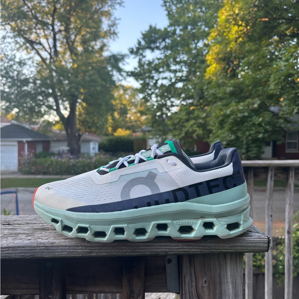 On Cloud CloudMonster, 61.98243, Undyed-White/Creek, Mens Running Shoes, Size 14